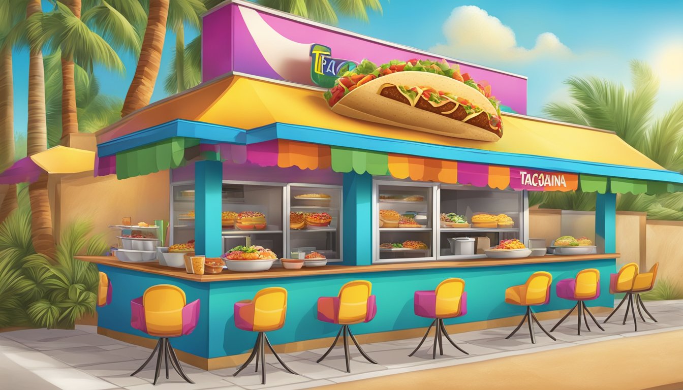 A colorful outdoor scene with a Taco Cabana restaurant sign and a variety of breakfast items displayed on a vibrant menu board