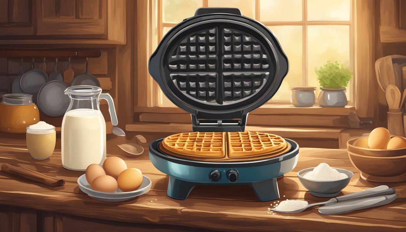 A vintage waffle iron sits on a rustic wooden table, surrounded by ingredients like flour, eggs, and milk. The warm glow of a kitchen fills the background