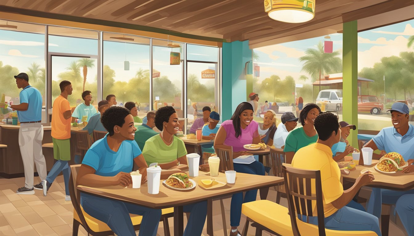 A bustling morning scene at a Taco Cabana, with customers of diverse backgrounds enjoying breakfast tacos, reflecting the cultural impact and expansion of the popular menu item