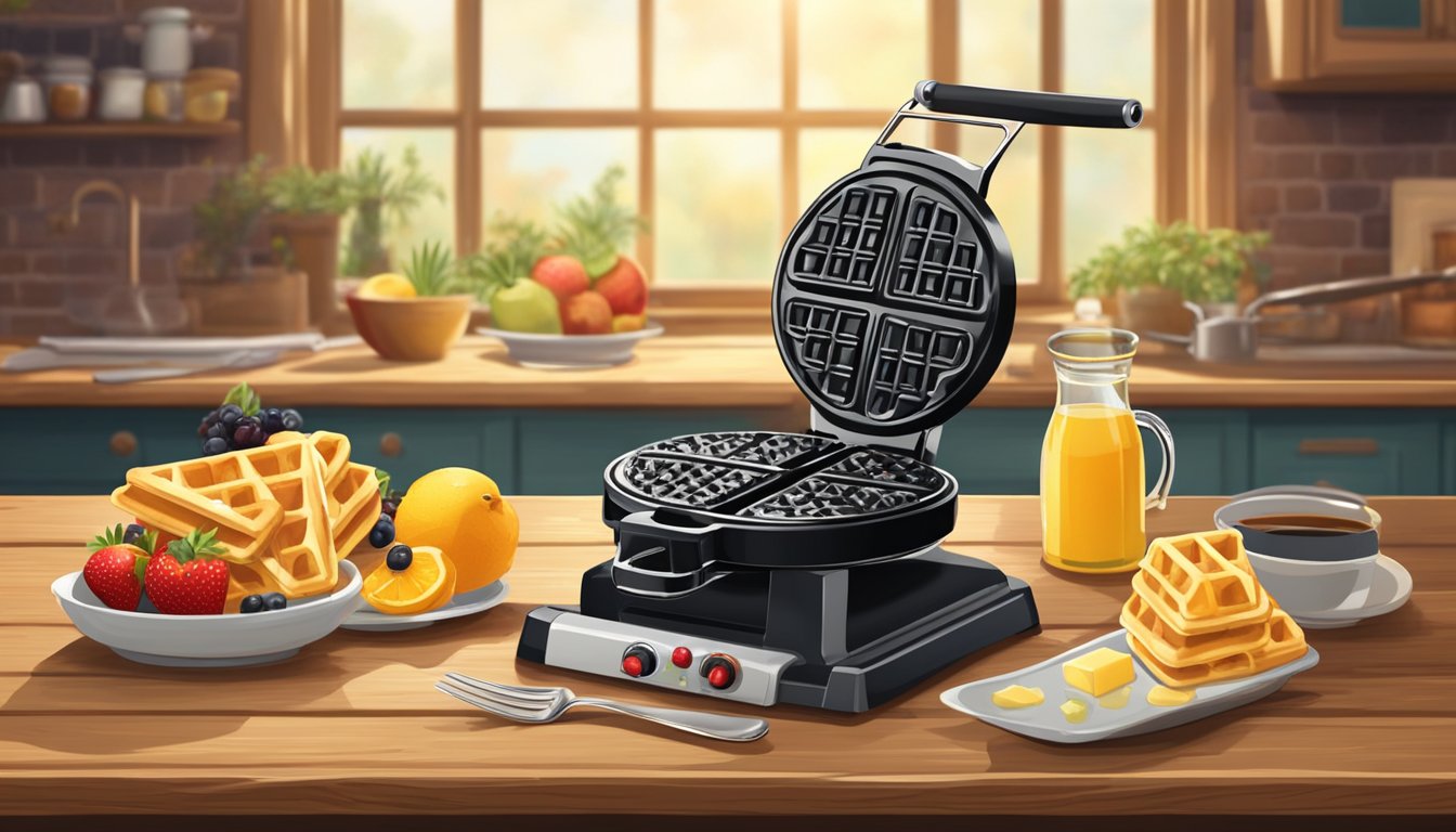 A vintage waffle iron sits on a wooden table, surrounded by syrup, butter, and fresh fruit. The warm, golden waffles emanate a tantalizing aroma