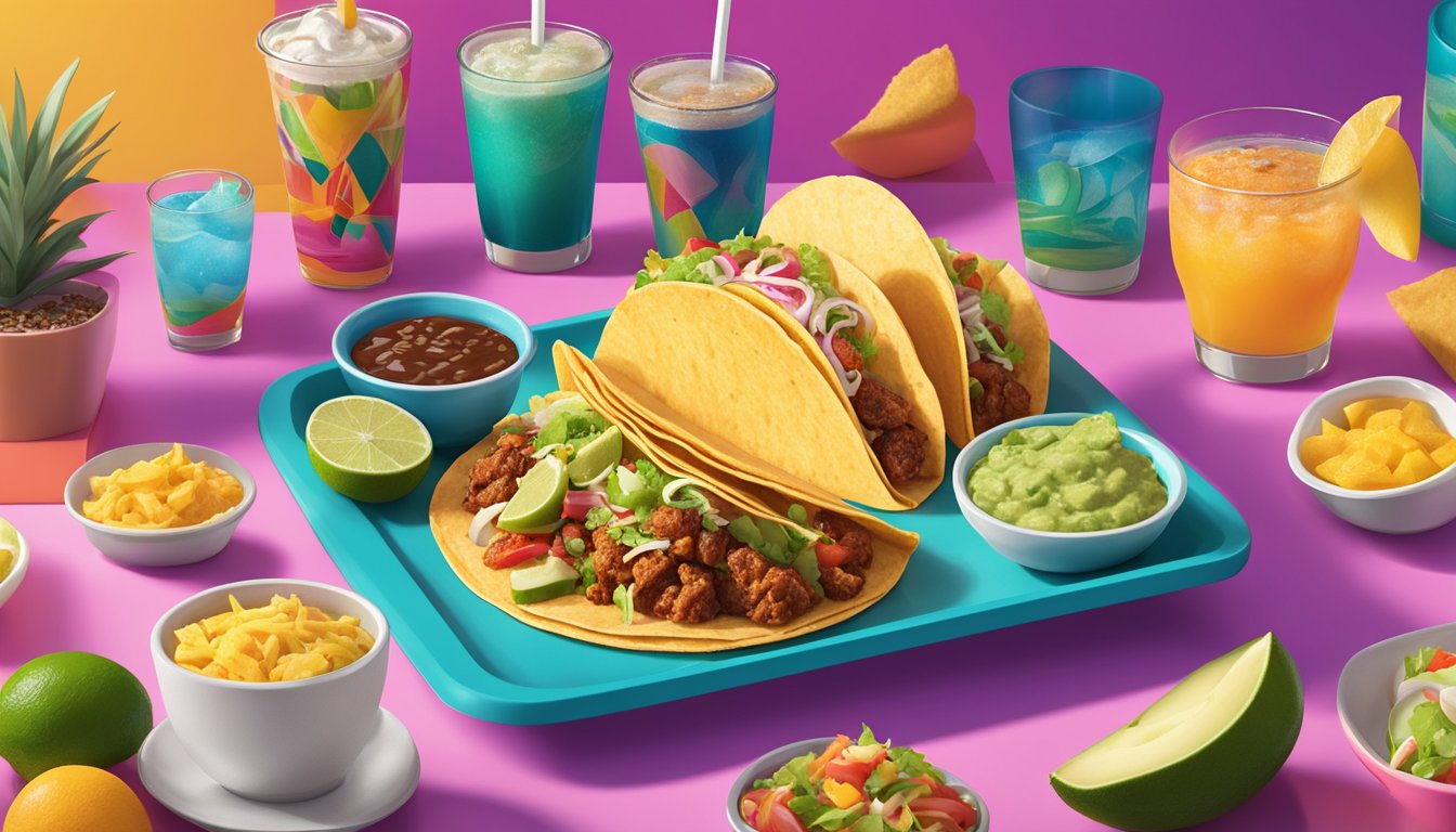 A colorful display of various breakfast tacos and beverages at Taco Cabana, with vibrant Mexican-inspired decor in the background