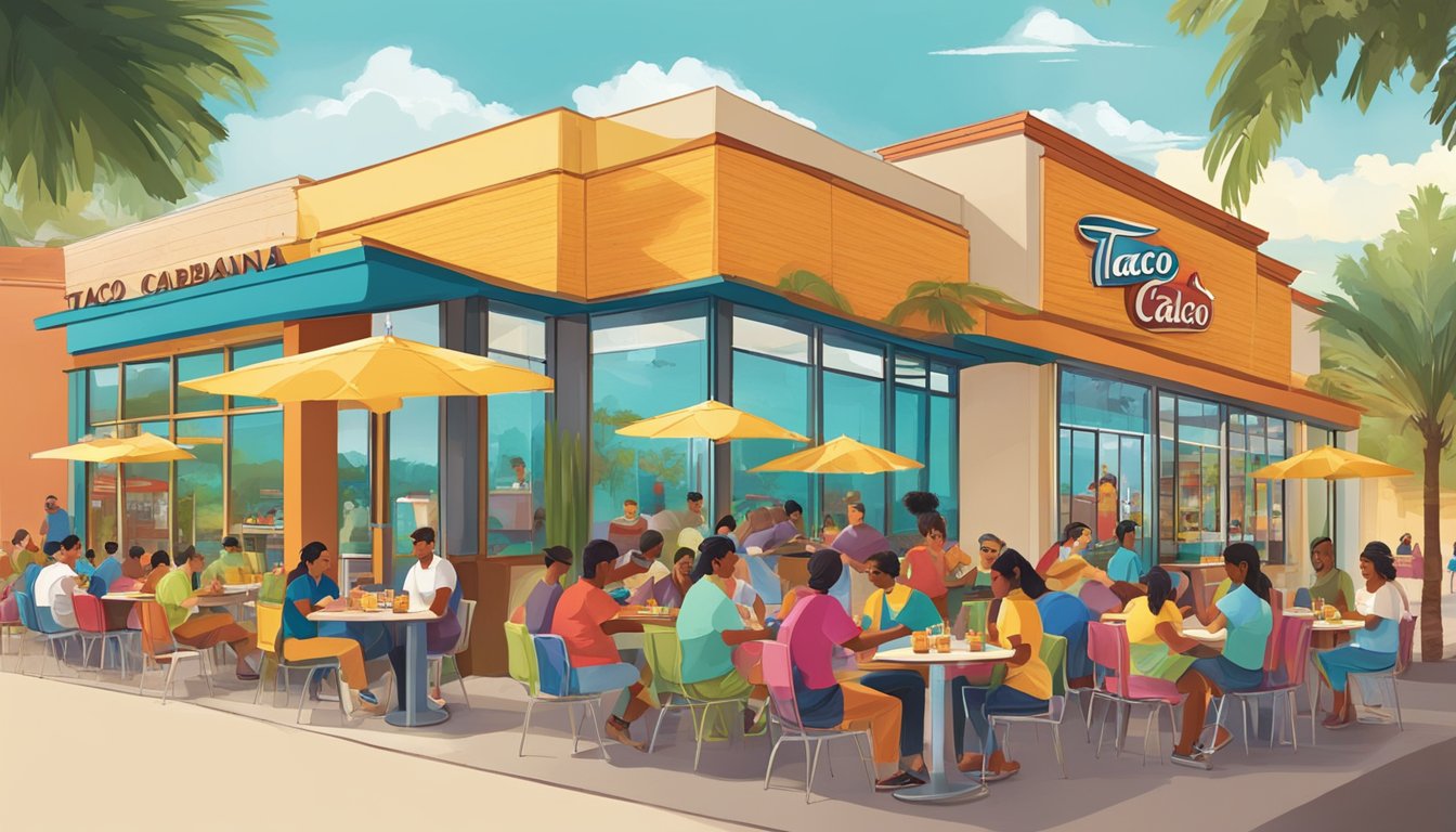 A bustling morning scene at a Taco Cabana, with customers enjoying breakfast tacos and a vibrant cultural atmosphere