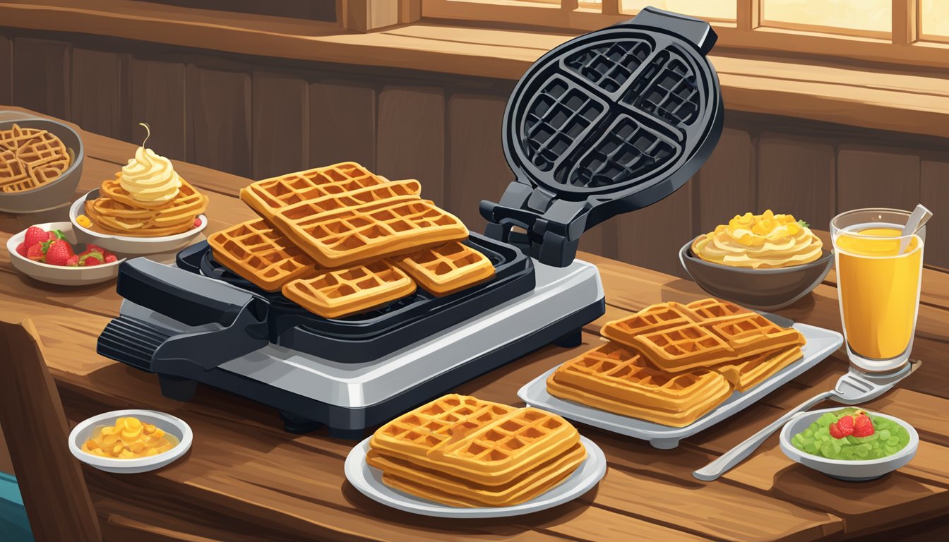 A vintage waffle iron sits on a rustic wooden table at Golden Corral, surrounded by stacks of golden, crispy waffles and a variety of toppings