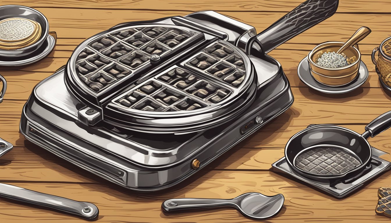 A vintage waffle iron sits on a rustic wooden table, surrounded by stacks of golden, crispy waffles. The iron is adorned with intricate patterns and features, showcasing the history of technological advancements in waffle-making