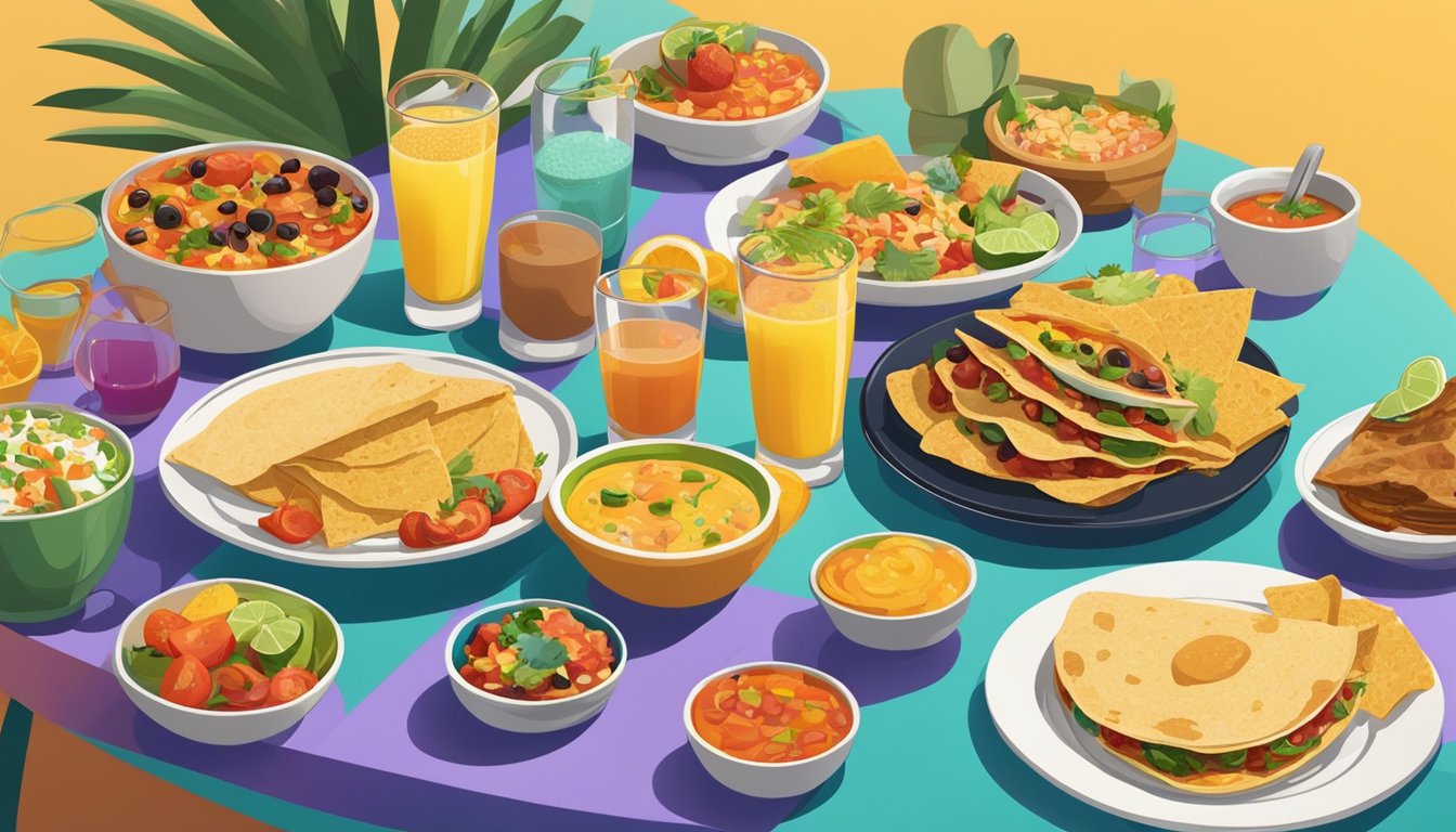 A colorful breakfast spread with various Tex-Mex dishes and beverages on a modern, vibrant table setting