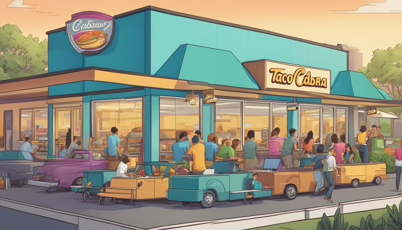 A bustling Taco Cabana drive-thru with customers in cars ordering breakfast items from a window, while employees inside prepare and hand out the food