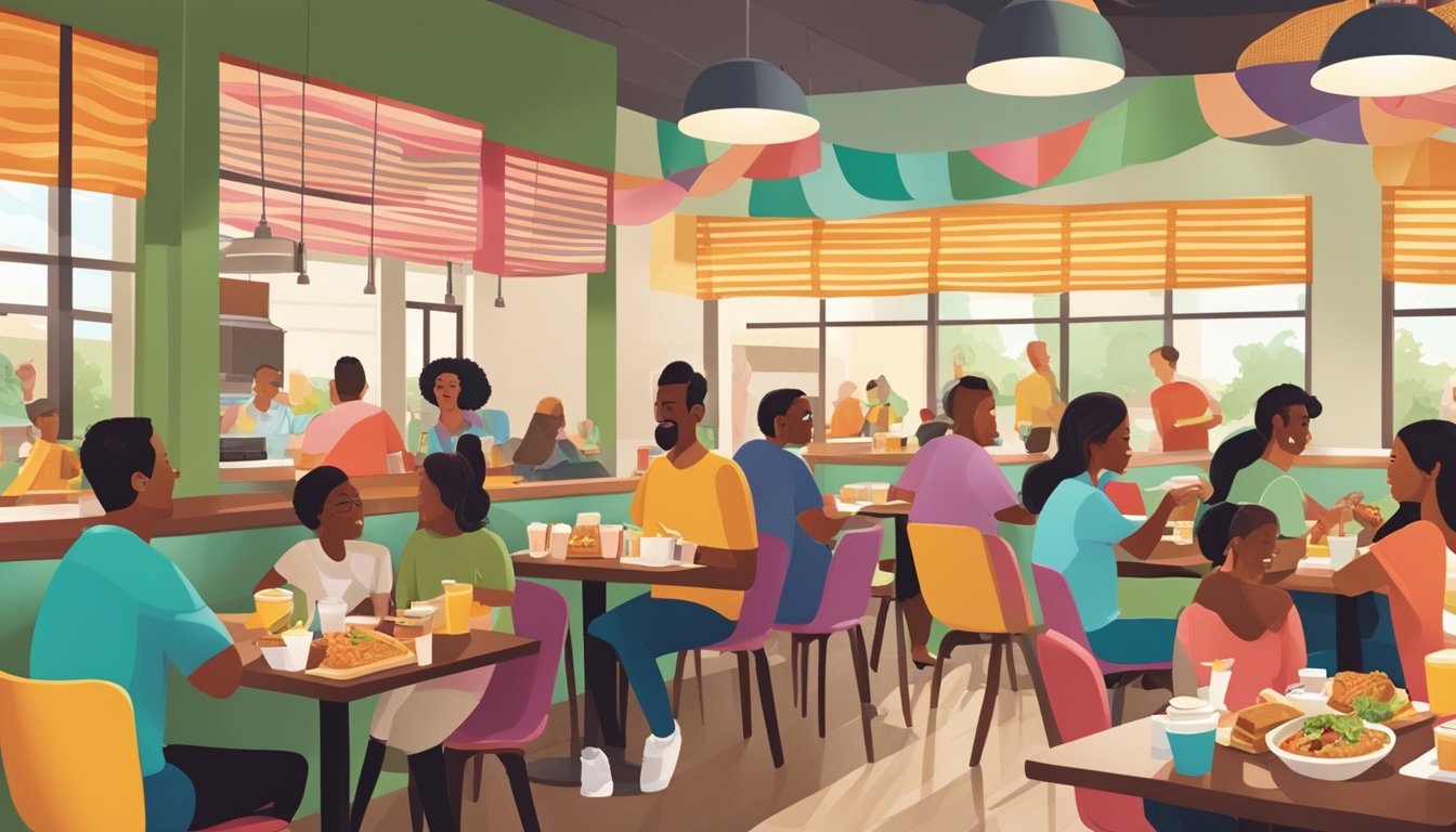 A bustling breakfast scene at Taco Cabana, with colorful and diverse food options, modern decor, and customers enjoying their meals