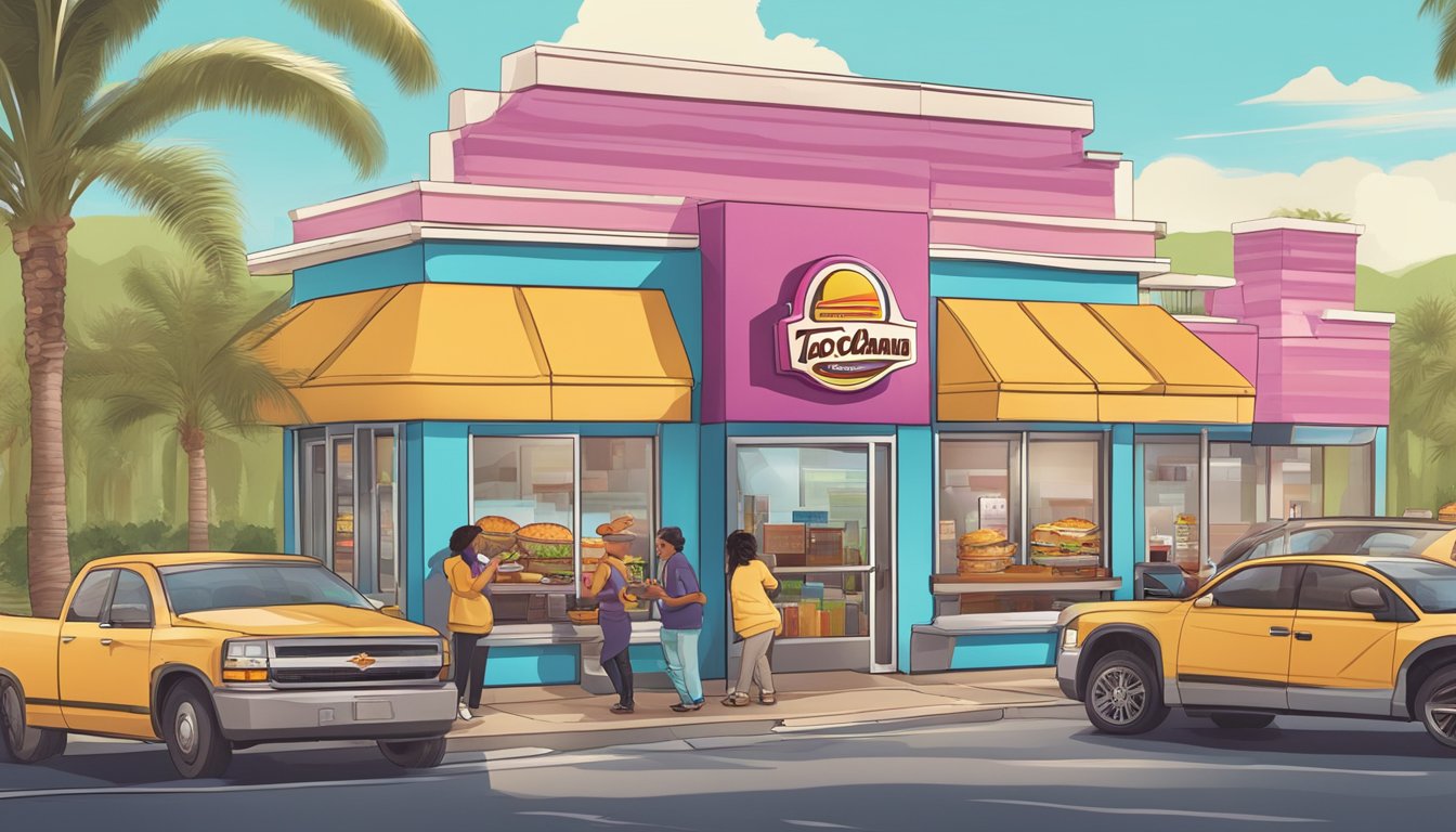 A drive-thru scene at Taco Cabana with breakfast items being handed through the window to a waiting customer in a car