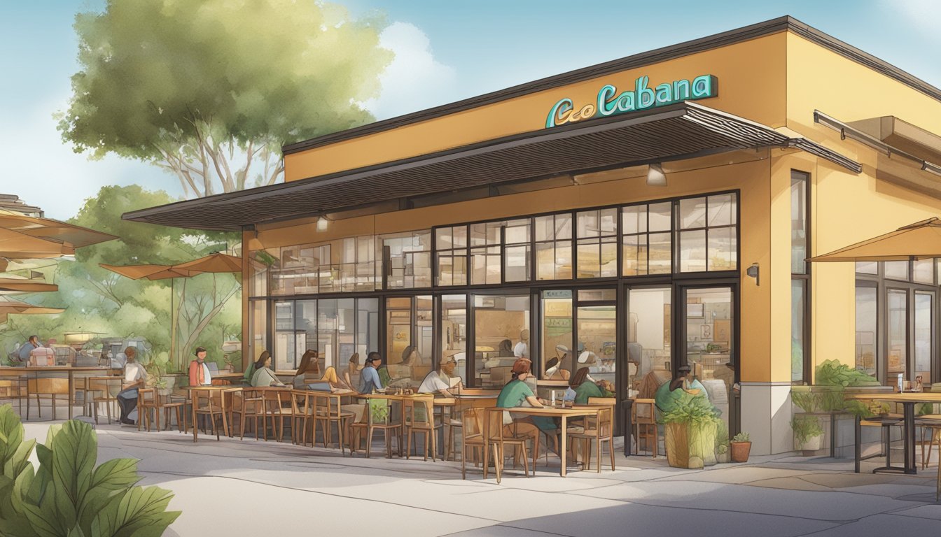 A bustling Taco Cabana restaurant with eco-friendly packaging, locally sourced ingredients, and a focus on sustainable and ethical breakfast options