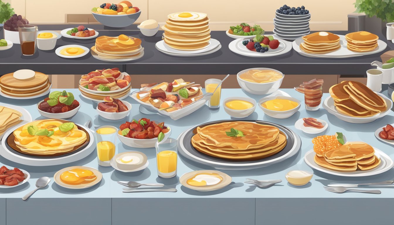 A bustling breakfast buffet with a wide array of dishes, including pancakes, eggs, bacon, and fruit, displayed on a long counter