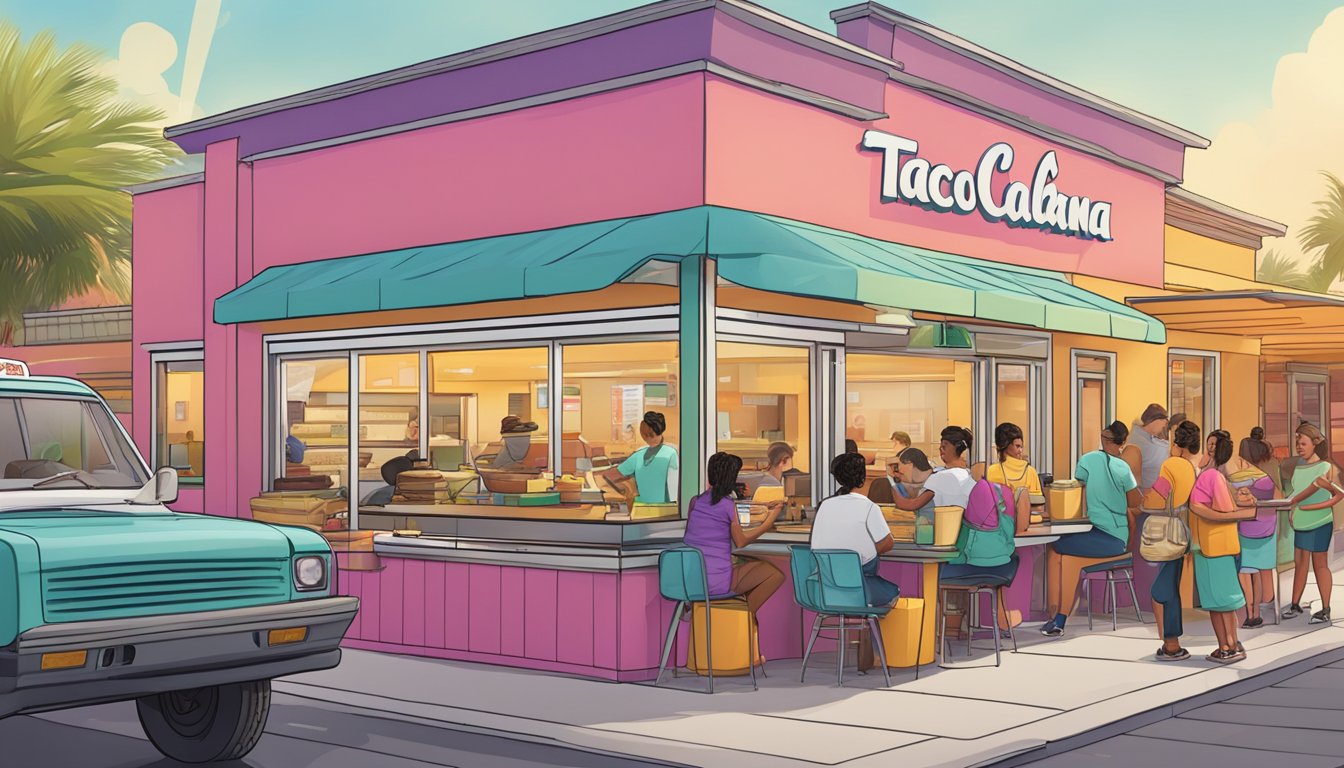 A bright and bustling Taco Cabana drive-thru with customers receiving breakfast orders from a friendly server at the window