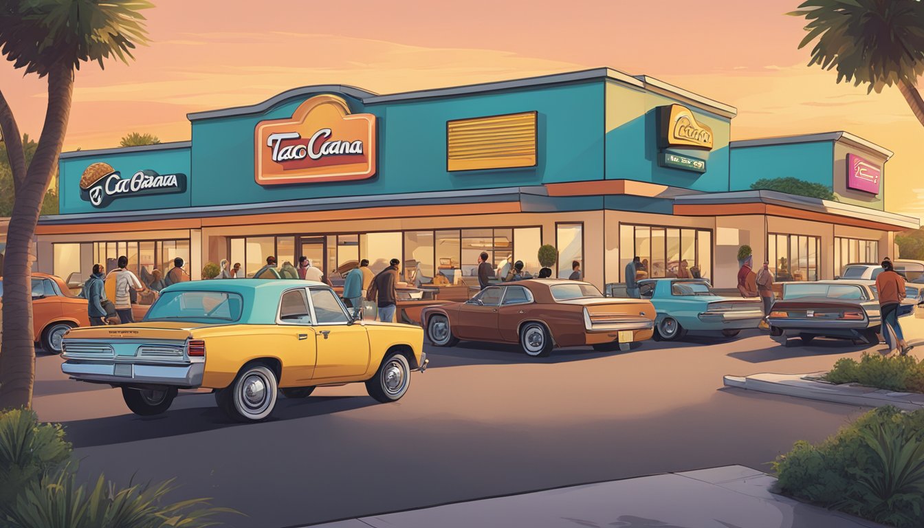 A bustling Taco Cabana drive-thru at sunrise, with cars lined up and a diverse array of customers picking up breakfast tacos and coffee