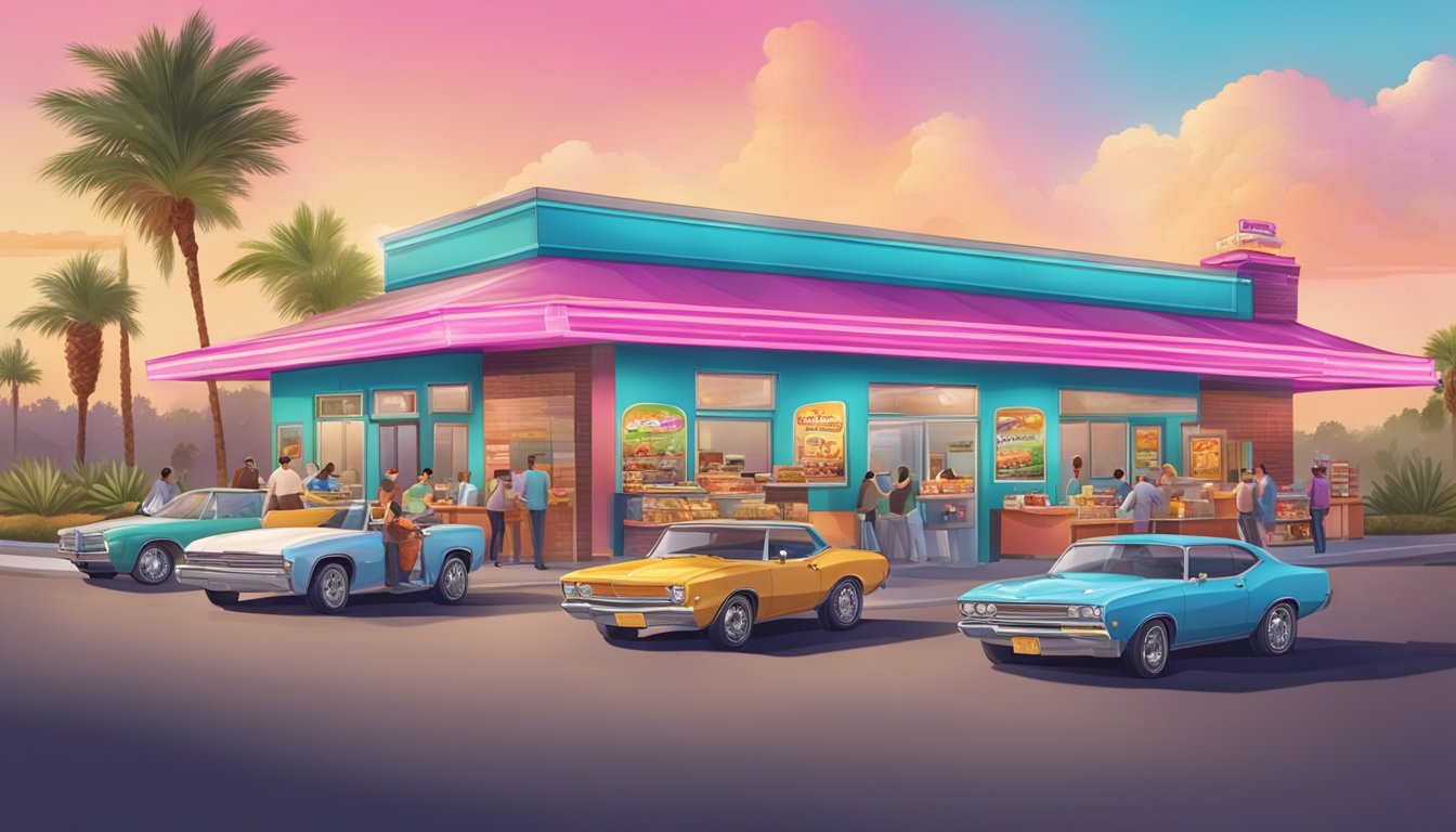 A colorful Taco Cabana drive-thru with a variety of breakfast items being handed out to customers in their cars