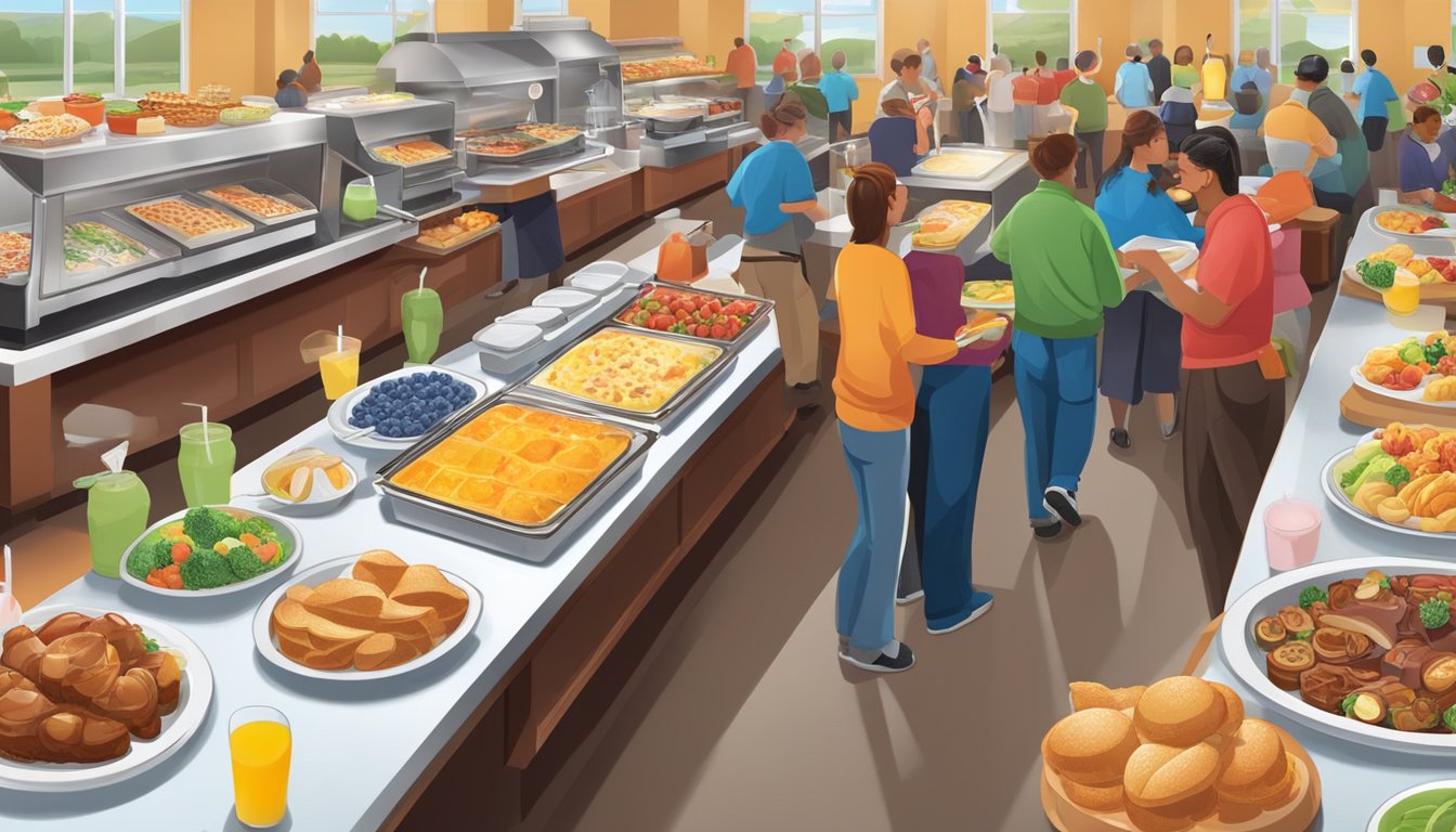 A bustling breakfast buffet at Golden Corral, with a spread of hot and cold dishes, fruits, pastries, and beverages