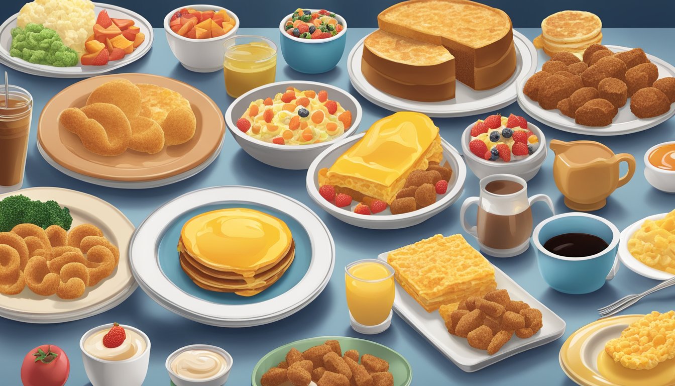 A colorful array of breakfast foods arranged on plates at Golden Corral's buffet, with a variety of textures and heights