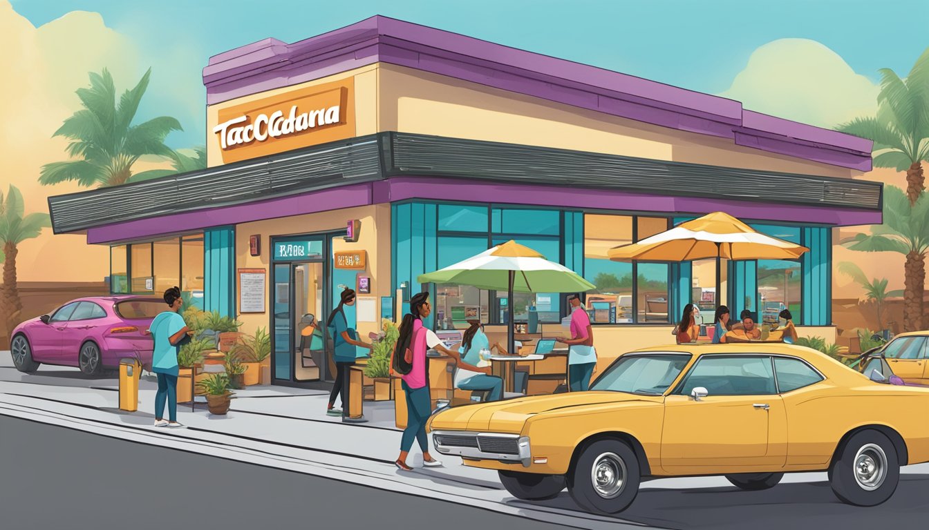 A bustling Taco Cabana drive-thru with cars lined up, a digital menu board displaying breakfast options, and staff serving customers with efficiency and smiles