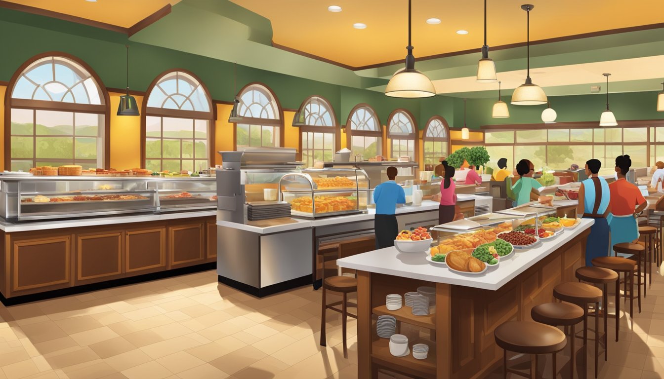 A bustling breakfast buffet at Golden Corral, with a wide array of hot and cold dishes, fresh fruit, pastries, and beverages, set against a backdrop of the restaurant's warm and inviting decor