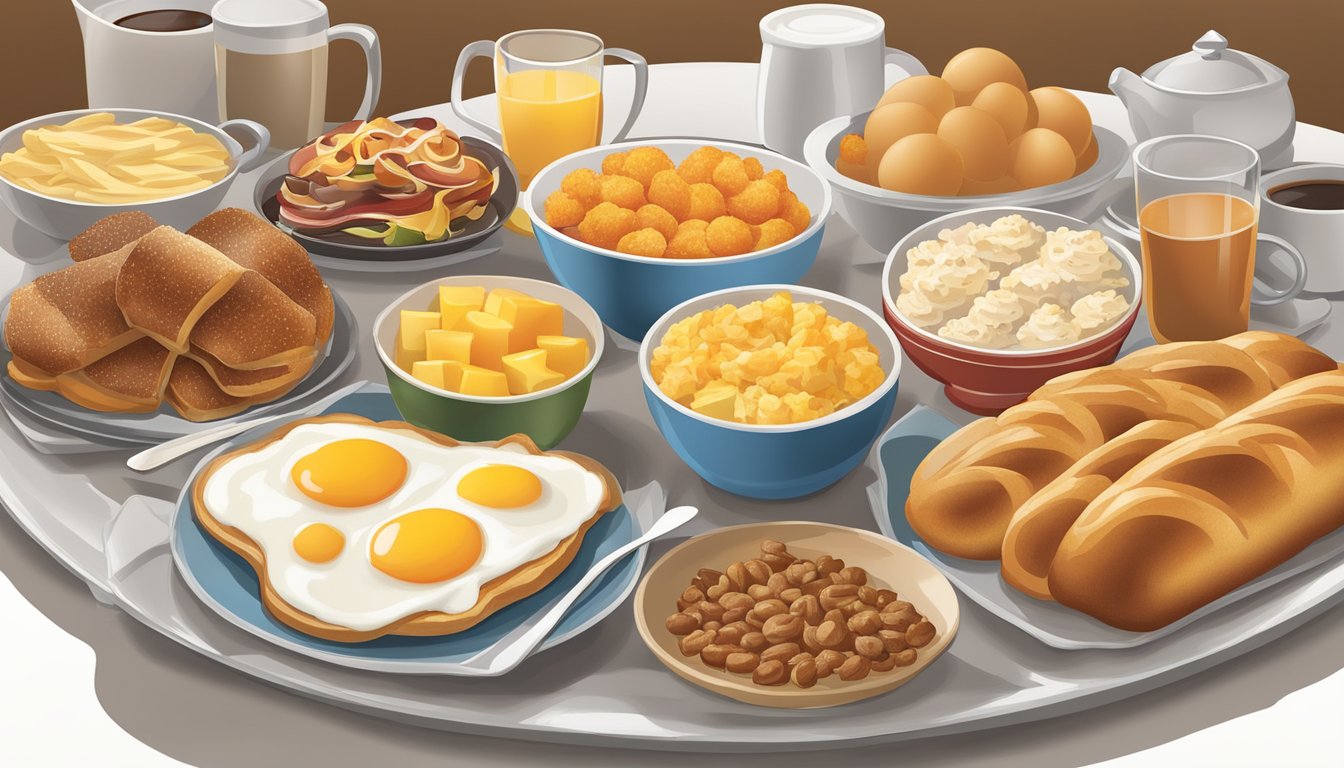 A variety of breakfast foods arranged in a balanced and visually appealing manner on a large serving plate at Golden Corral's breakfast buffet