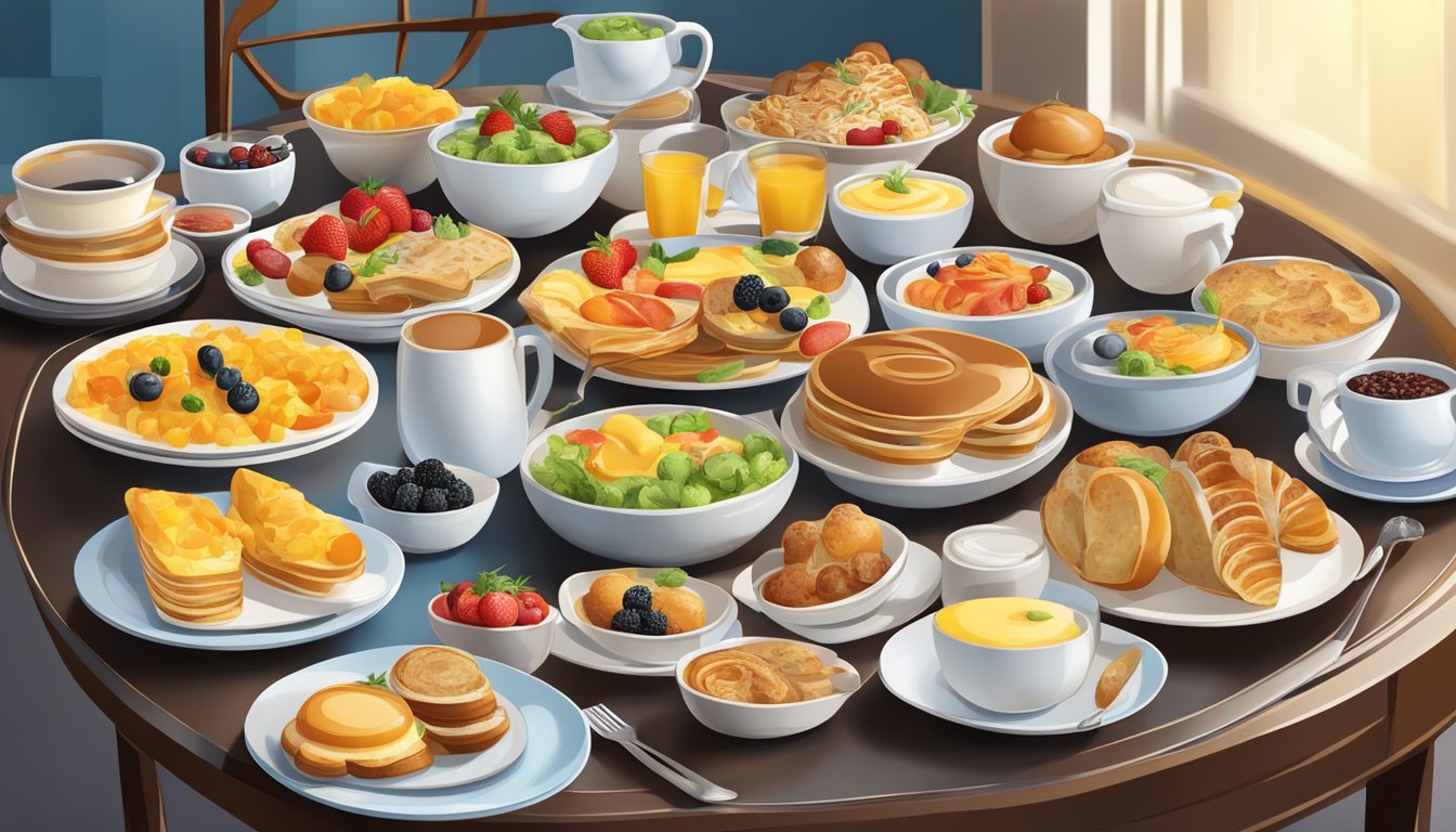 A colorful array of breakfast dishes arranged on a buffet table, with a variety of plates and bowls creating an appealing composition