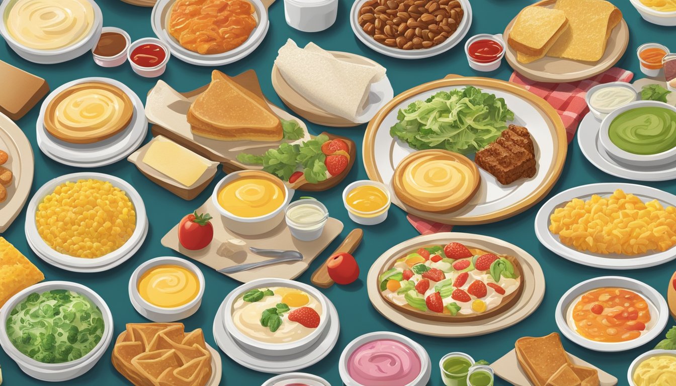 A variety of colorful dressings and toppings arranged neatly on the breakfast buffet plates at Golden Corral