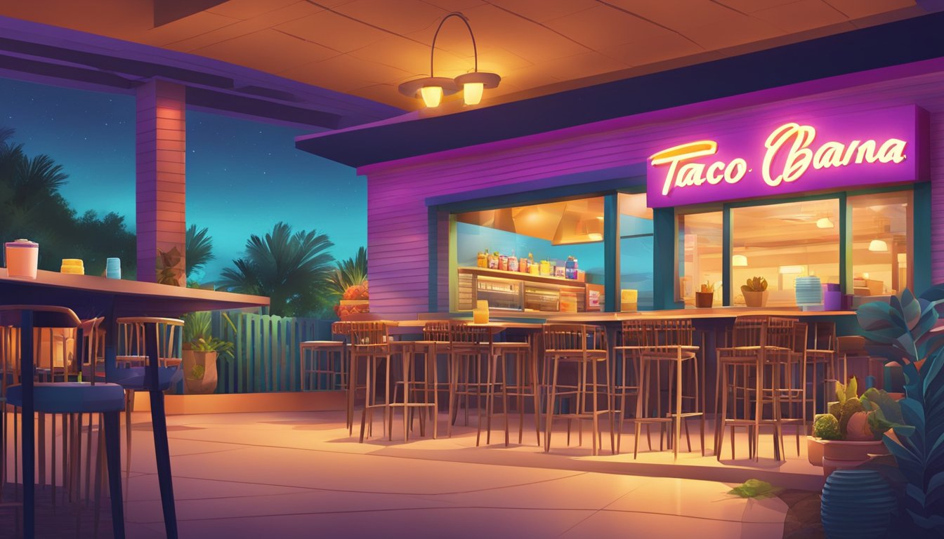 A brightly lit Taco Cabana restaurant at night, with a colorful sign and inviting atmosphere, showcasing their delicious breakfast tacos