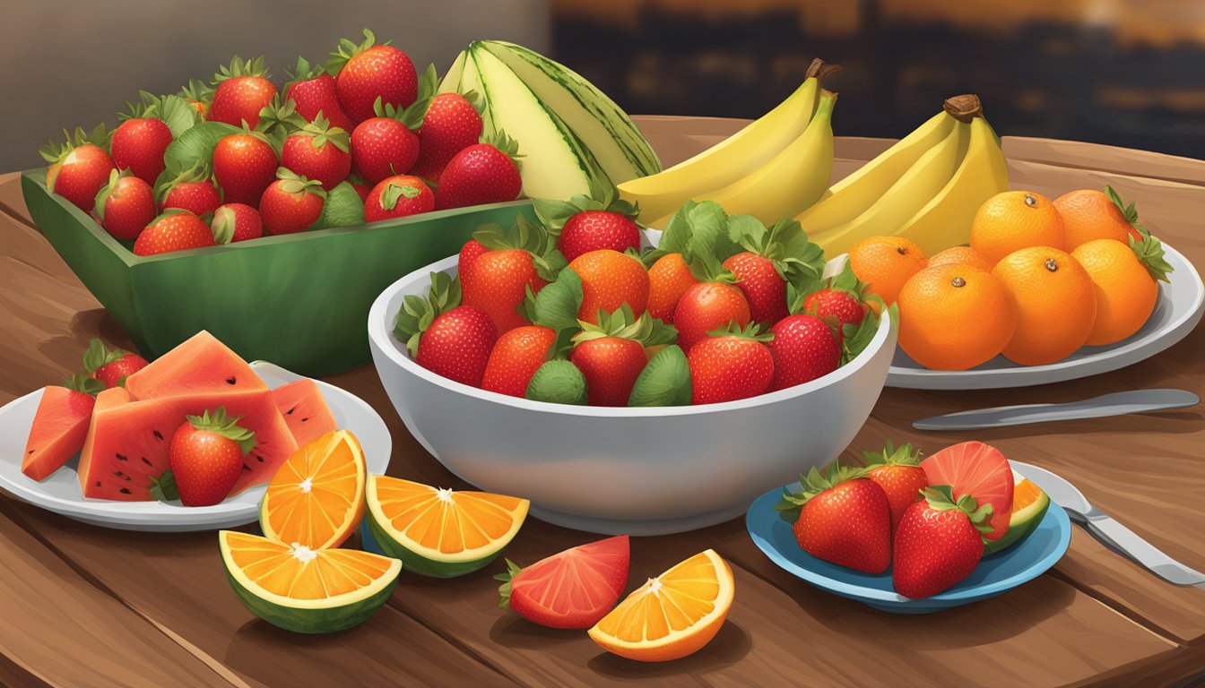 A bountiful spread of fresh fruit, including plump strawberries, juicy watermelon slices, and vibrant orange wedges, arranged on a rustic wooden table at Golden Corral's breakfast buffet