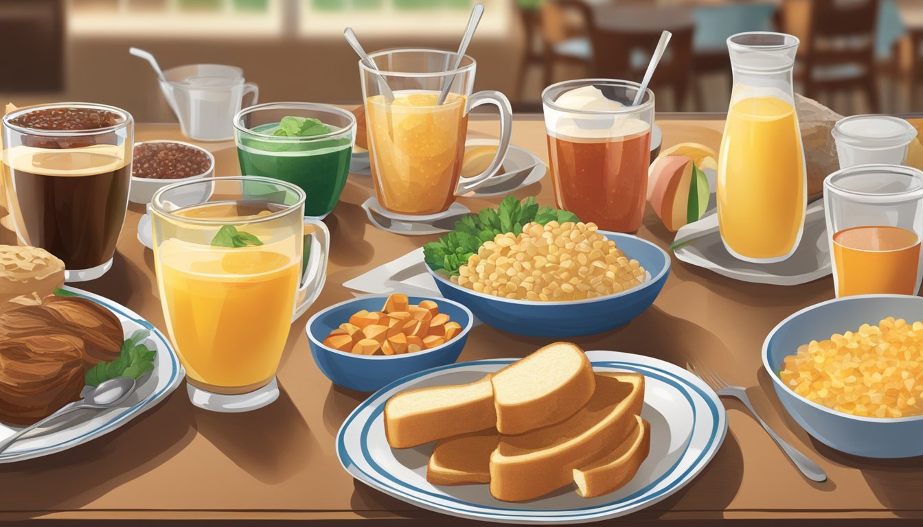 A variety of beverages and accompaniments arranged on a breakfast buffet table at Golden Corral, with plates and utensils neatly placed alongside