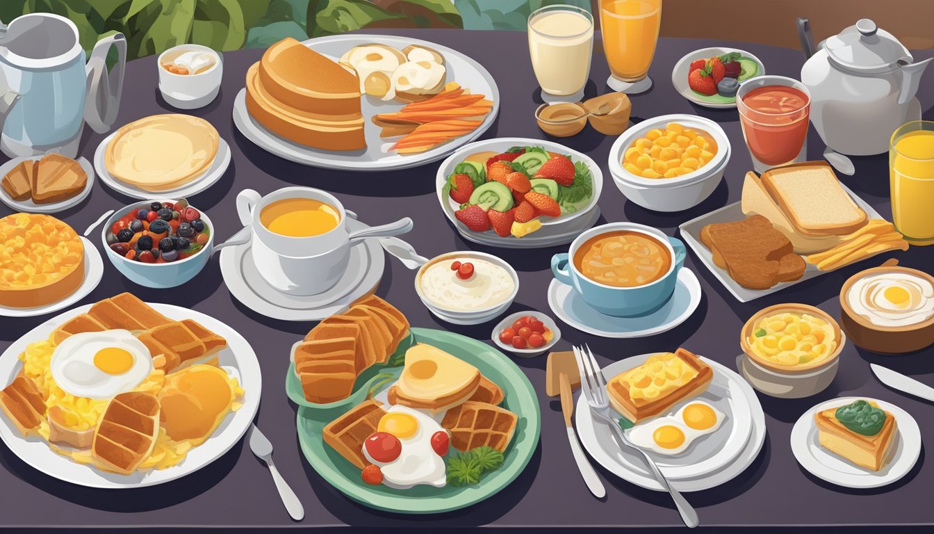 A colorful array of breakfast dishes arranged in an artful composition on a buffet table at Golden Corral, with a variety of plates and serving utensils