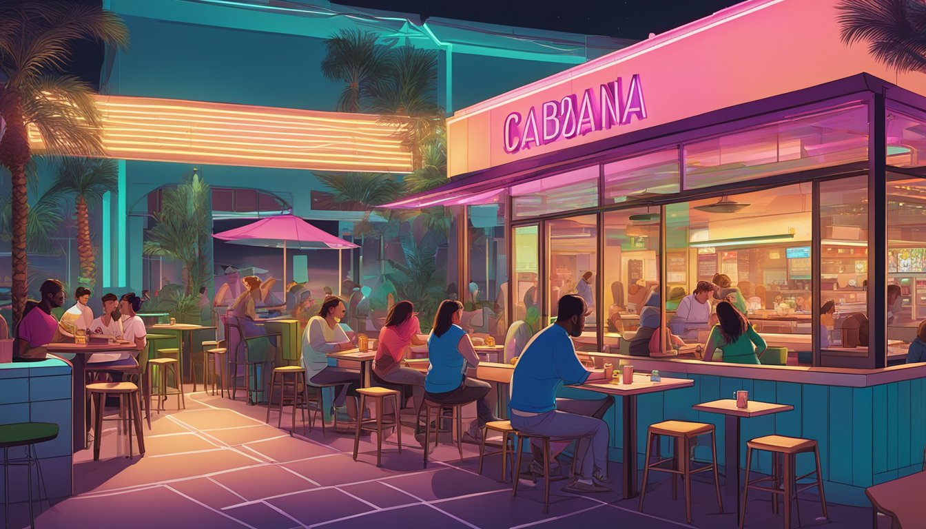 A bustling Taco Cabana restaurant at night, with customers enjoying breakfast tacos and coffee under the glow of neon lights