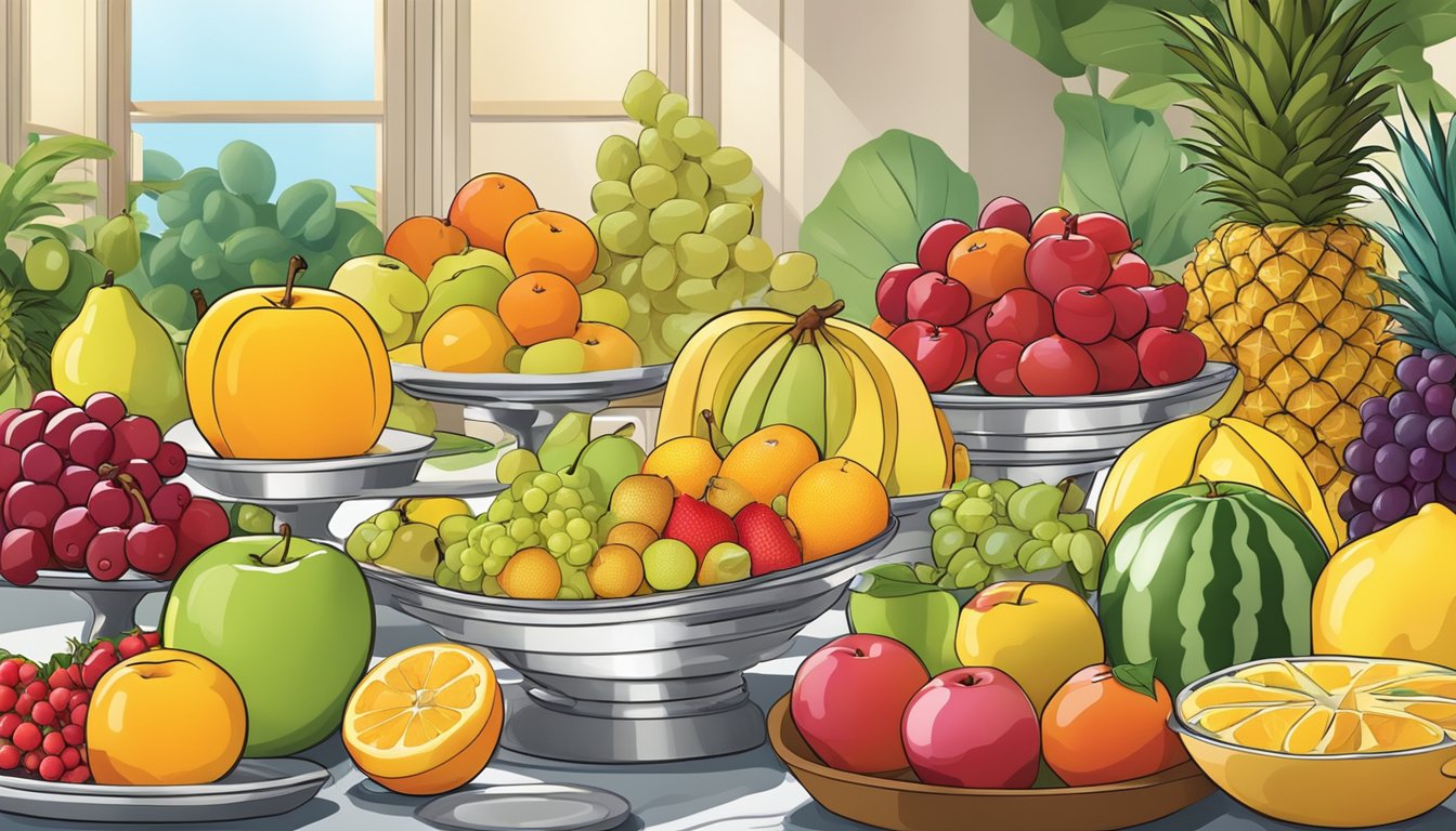 A colorful array of fresh fruits arranged in an inviting display at a breakfast buffet, with a variety of options for customization and personalization