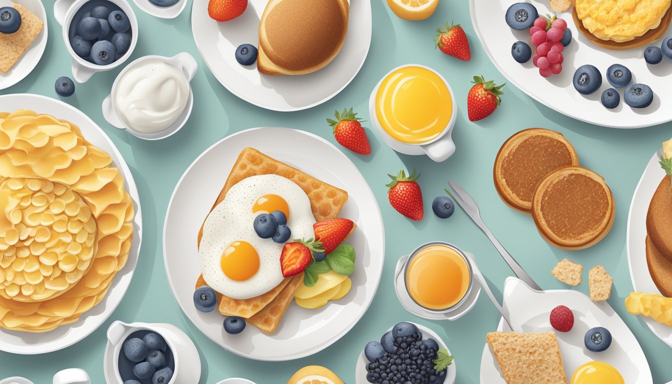 A colorful array of breakfast foods arranged in an inviting and balanced composition on a clean, white plate