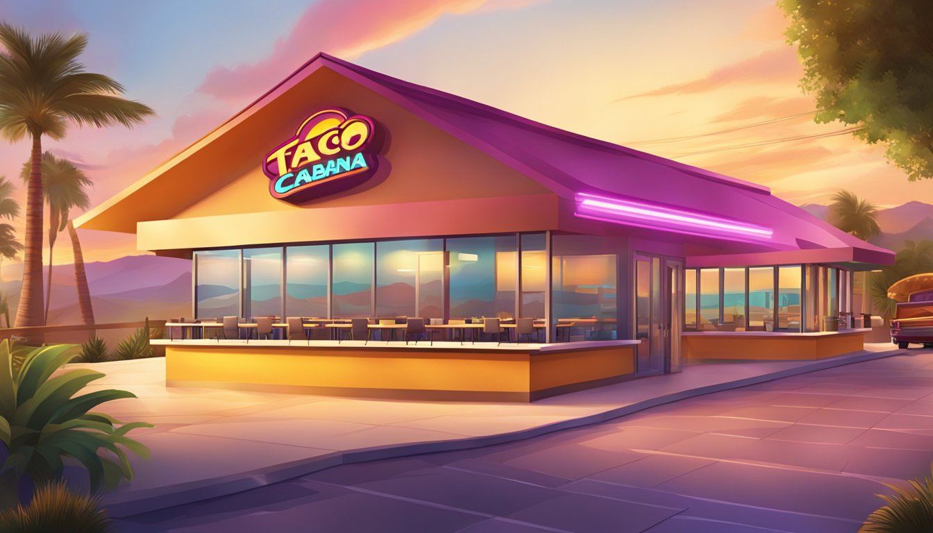 A colorful sunrise over a Taco Cabana restaurant with a glowing sign and tables set for breakfast service