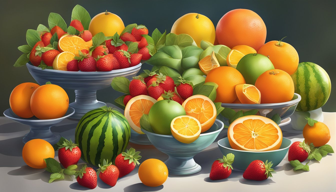 A bountiful display of fresh fruits, including vibrant oranges, succulent strawberries, and juicy watermelon slices, arranged in an inviting and appetizing manner