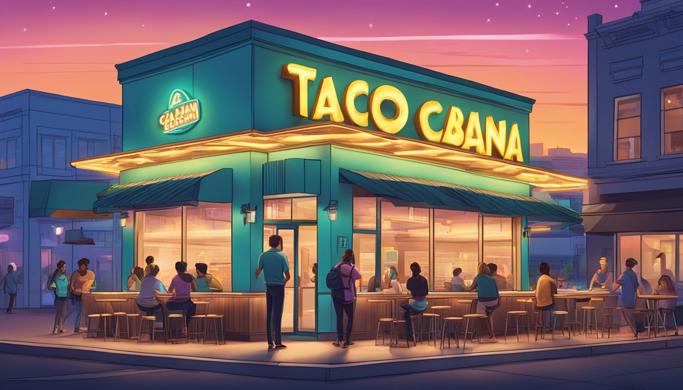 A taco cabana with a glowing sign, surrounded by late-night city lights, with people lining up for breakfast