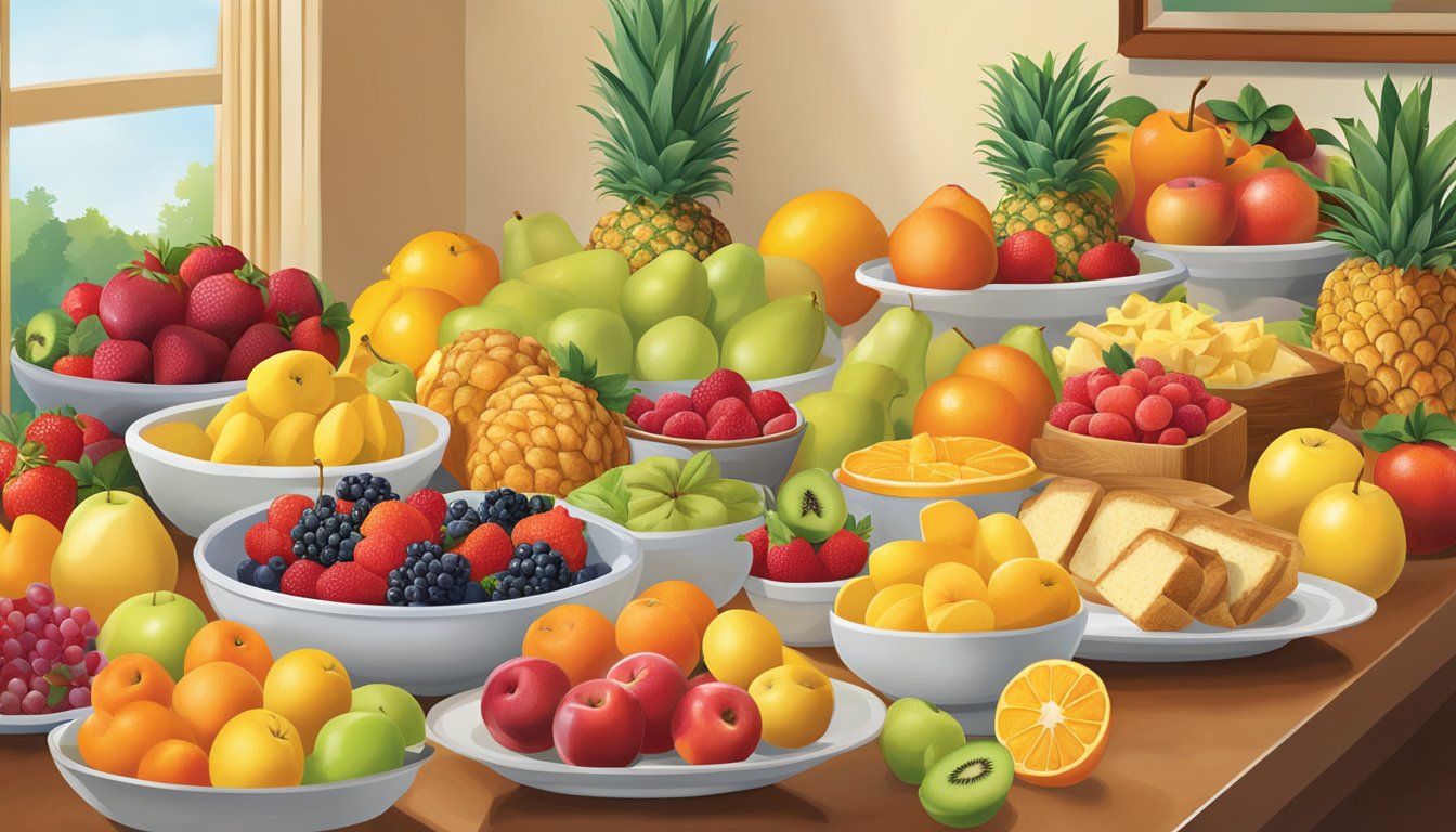 A bountiful array of fresh, vibrant fruits displayed on a colorful, inviting breakfast buffet at Golden Corral