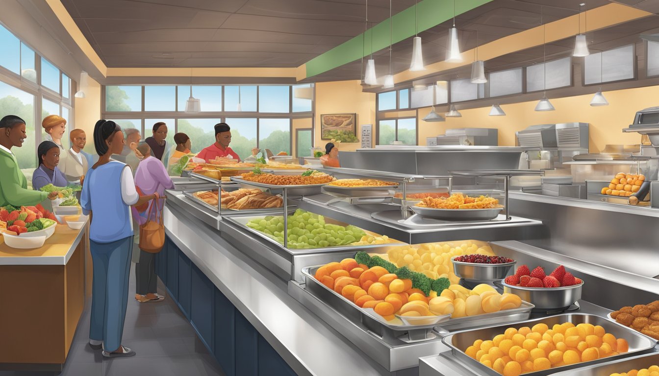 A bustling breakfast buffet at Golden Corral, featuring an array of fresh fruit options and a welcoming, accessible layout for all patrons