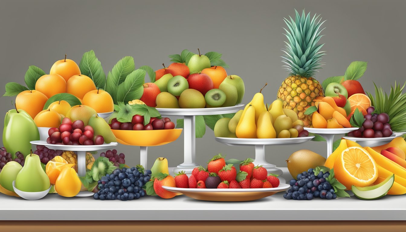 A buffet table with a variety of fruits arranged in an appealing and organized display, with colorful and fresh options for customers to choose from