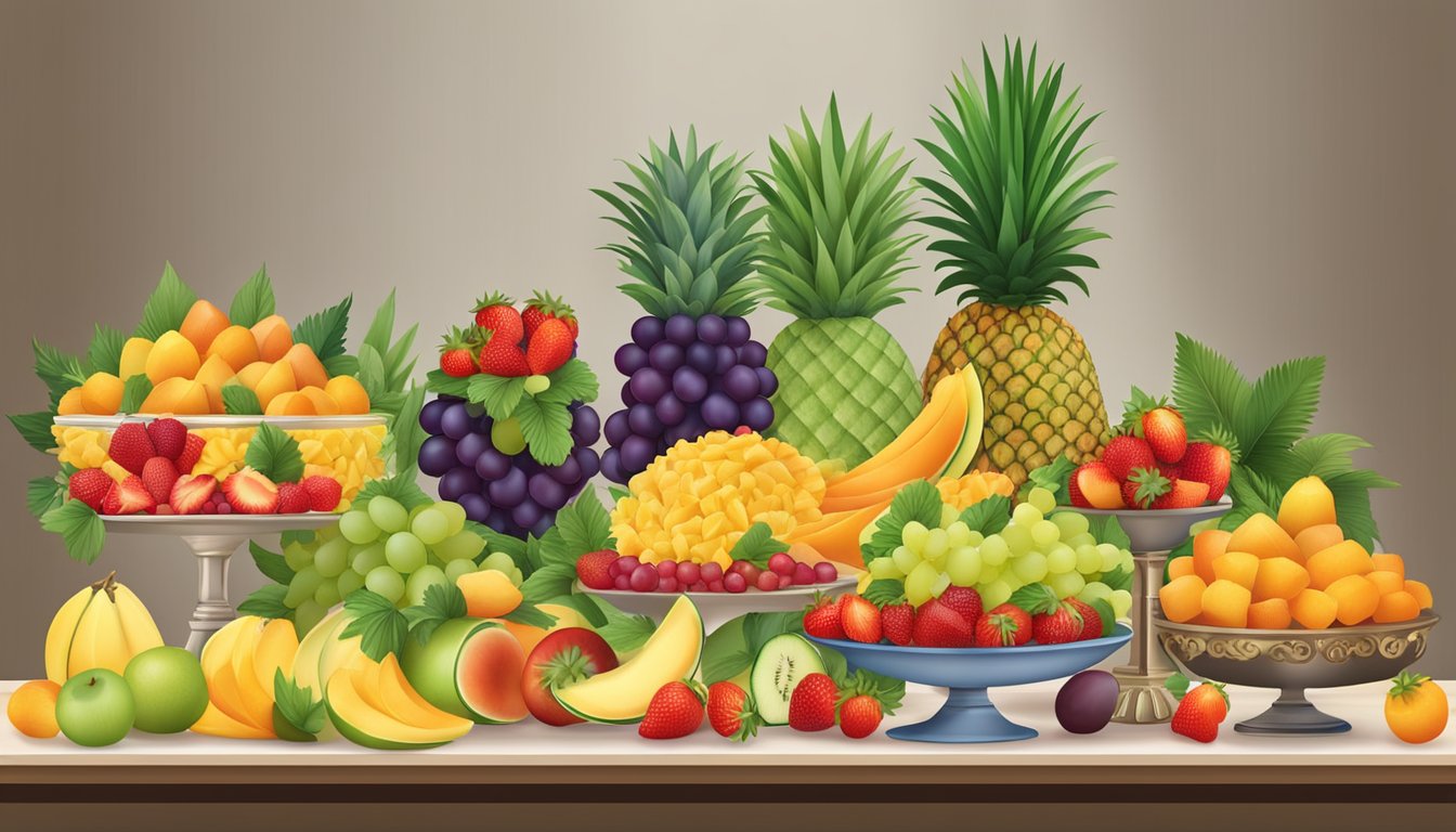 A buffet table with a variety of fresh fruit options, including sliced melon, grapes, strawberries, and pineapple, displayed in decorative arrangements