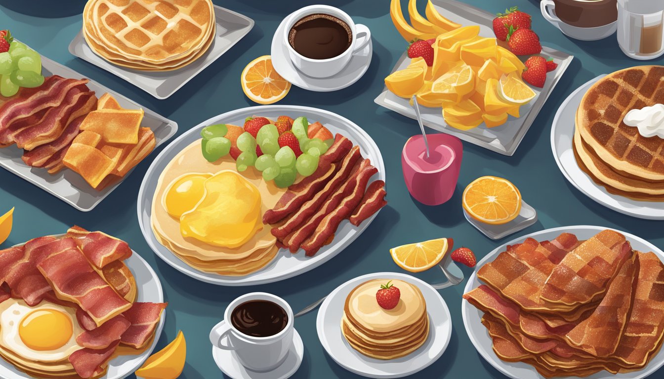 Golden Corral's breakfast buffet: steaming trays of pancakes, sizzling bacon, and a colorful array of fresh fruits. The aroma of coffee and sizzling bacon fills the air