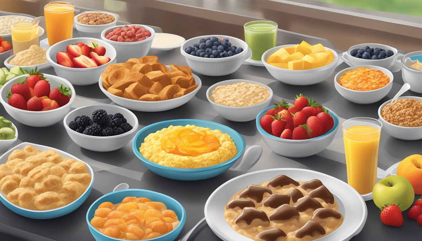 A vibrant breakfast buffet spread at Golden Corral, featuring a colorful array of fresh fruits, steaming hot oatmeal, and a variety of healthy options