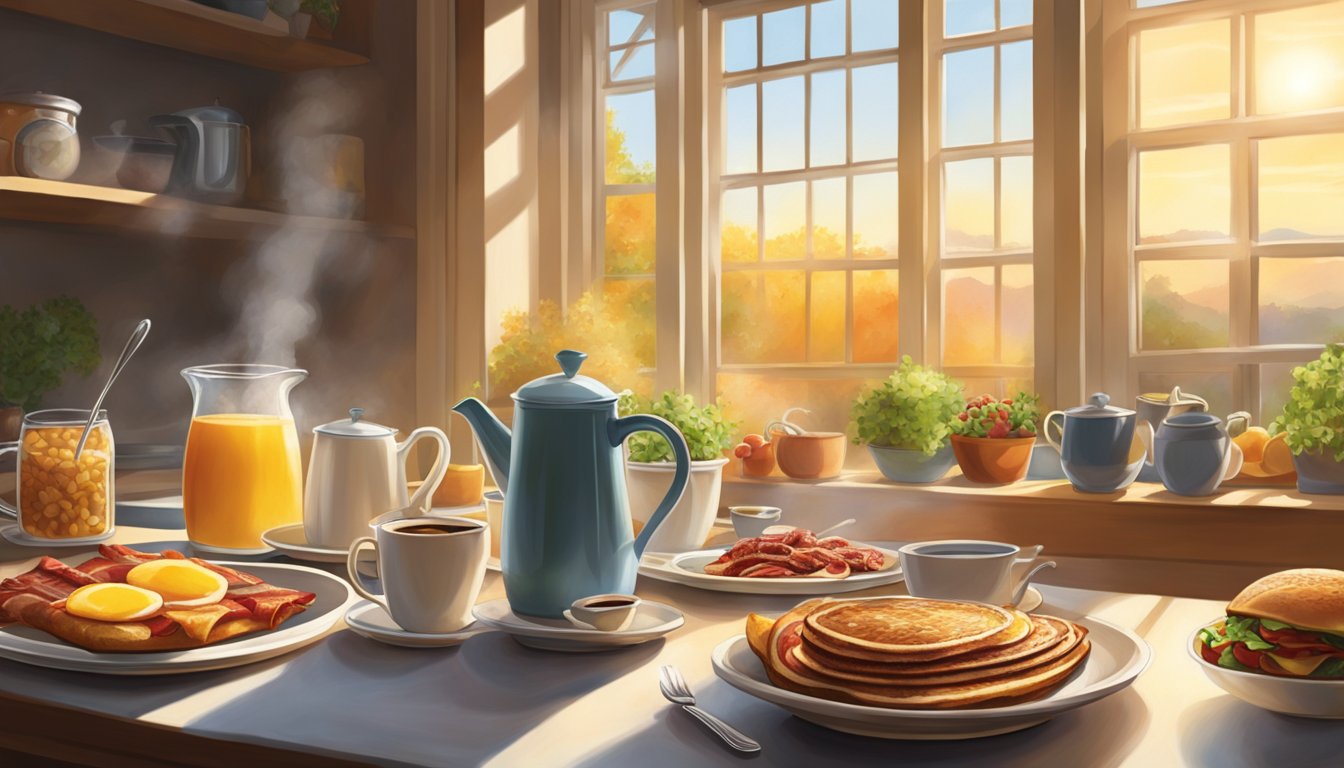 Sunrise light streams through the windows, casting a warm glow over the steaming trays of breakfast foods. The aroma of sizzling bacon and fresh coffee fills the air, while the clinking of dishes and murmurs of conversation create a lively ambiance