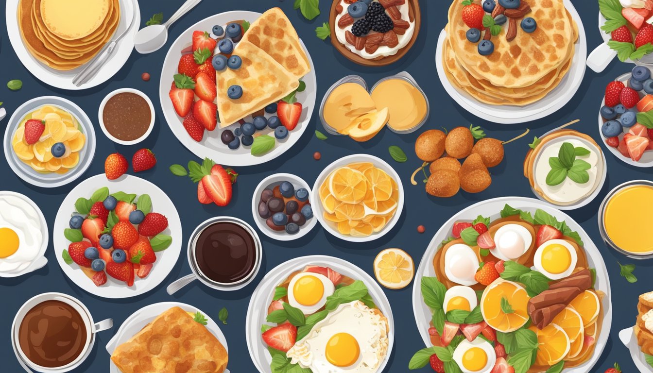 A colorful breakfast buffet spread with a variety of dishes, including pancakes, eggs, bacon, fruit, pastries, and cereals, arranged neatly on a long table