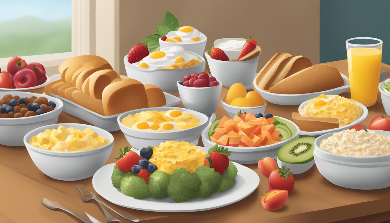 A bountiful buffet spread with a variety of nutritious breakfast options, including fresh fruits, yogurt, eggs, and whole grain bread, all displayed on a clean and inviting table at Golden Corral