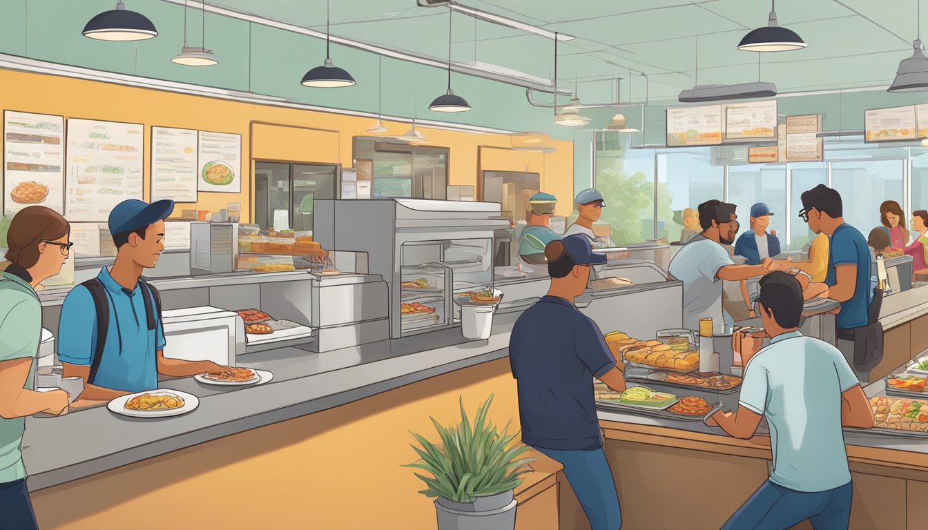 A bustling restaurant with a line of customers at the takeout counter, delivery drivers waiting for their orders, and an online ordering station. The breakfast buffet is set up with a variety of options to cater to changing consumer tastes