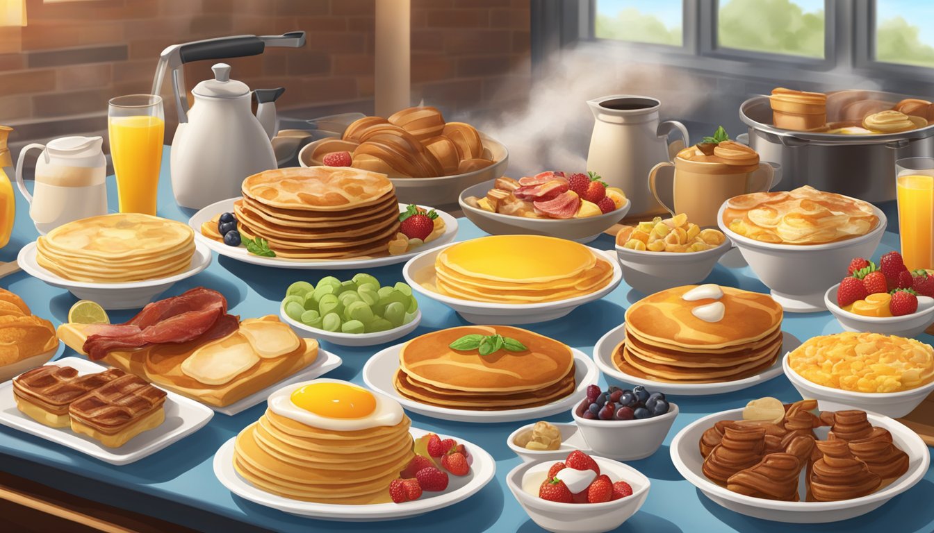 A sunny breakfast buffet at Golden Corral, with steaming hot pancakes, sizzling bacon, and a variety of fresh fruits and pastries