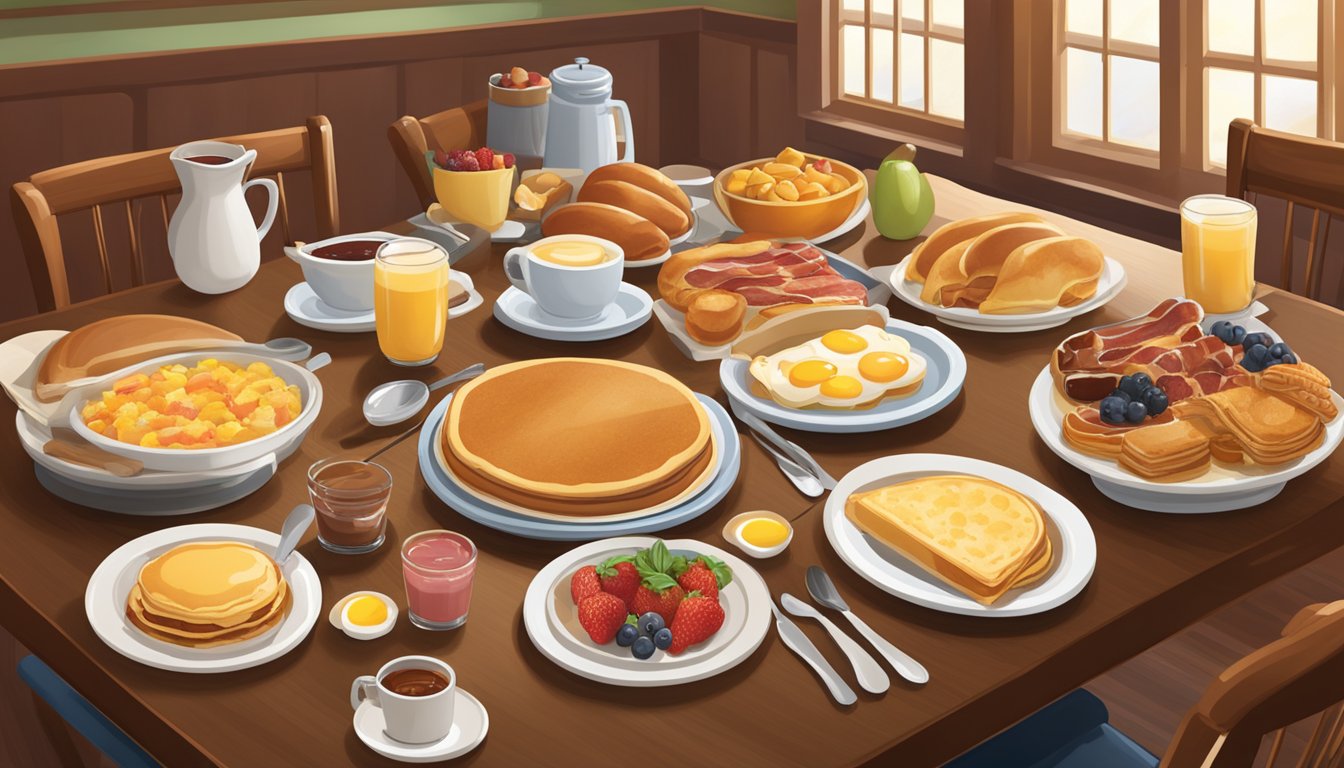 A table set with a variety of breakfast foods, including pancakes, eggs, bacon, fruit, and pastries, surrounded by a warm and inviting dining area at Golden Corral