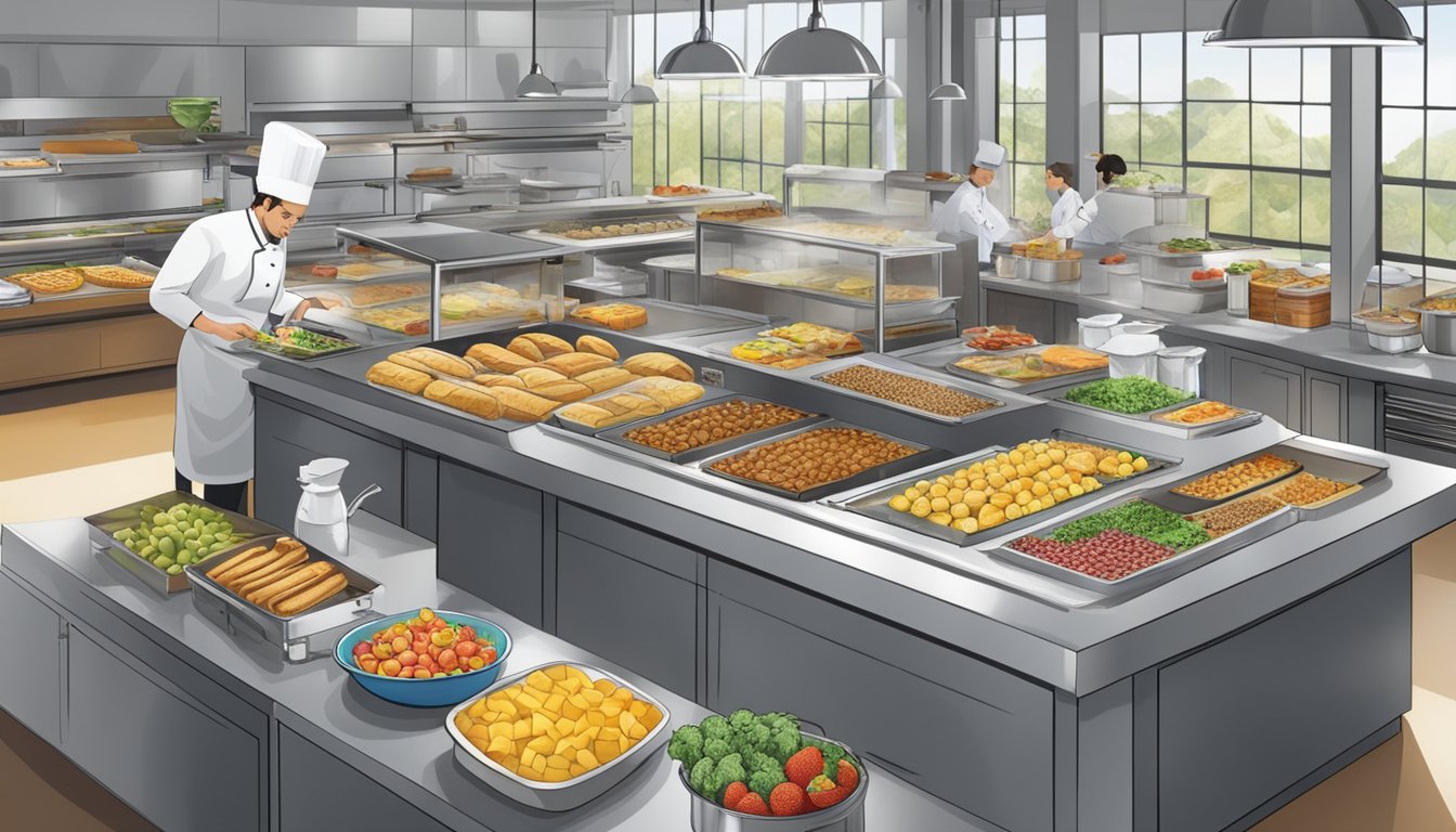 A bustling breakfast buffet with an array of fresh fruits, cereals, and pastries. A chef prepares made-to-order omelets while staff diligently manage food waste and recycling stations