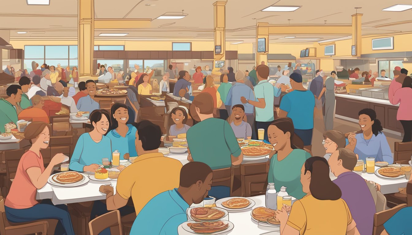 A bustling breakfast buffet at Golden Corral, with families and friends chatting and laughing over plates of pancakes, eggs, and bacon