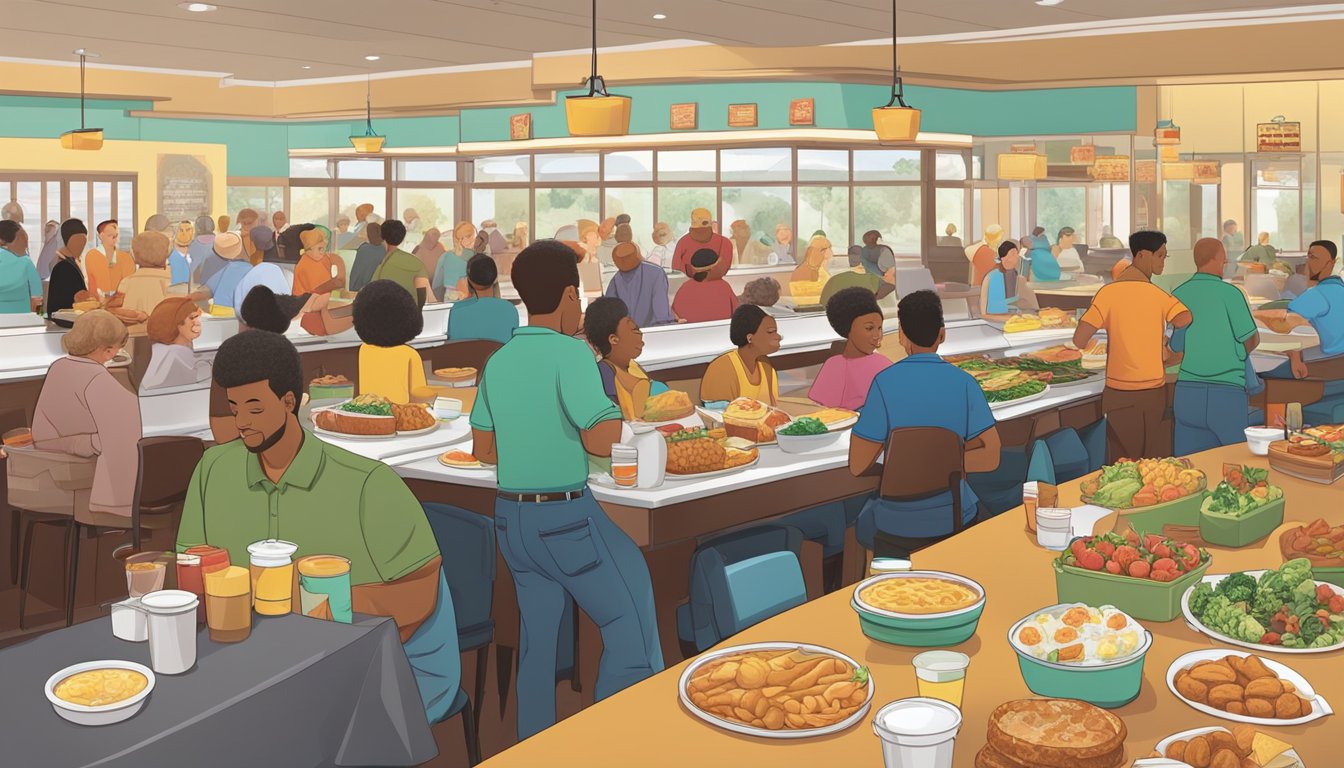 A bustling breakfast buffet at Golden Corral, with a variety of nutritious options and people socializing at tables