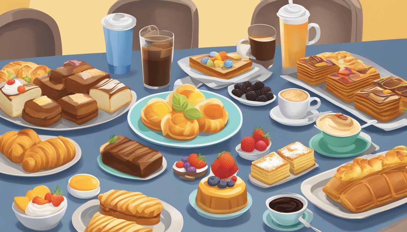 A bustling breakfast buffet at Golden Corral, with steaming coffee and a colorful array of sweet pastries and desserts. Tables filled with chatty diners enjoying a social morning meal